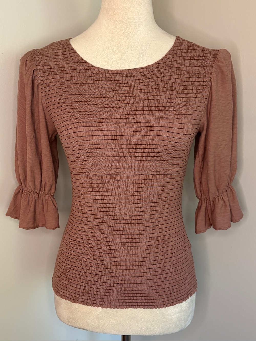 Nation LTD Smocked‎ Puff Short Sleeve Top Pinkish Brown Boho Cottage Core Small